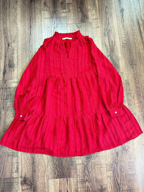 ELLISON S Red Striped Chiffon Lined Tiered Mini Dress V-Neck Long Sleeve